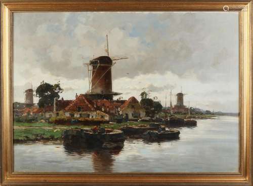 Henk Bellaard, Dutch harbor view with windmills