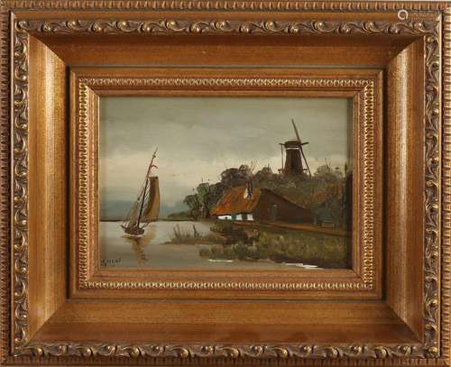 Unclearly signed, Landscape with mill, river and boat