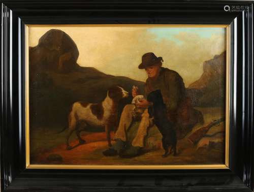 Indistinct.signed., Hunter with hunting dog