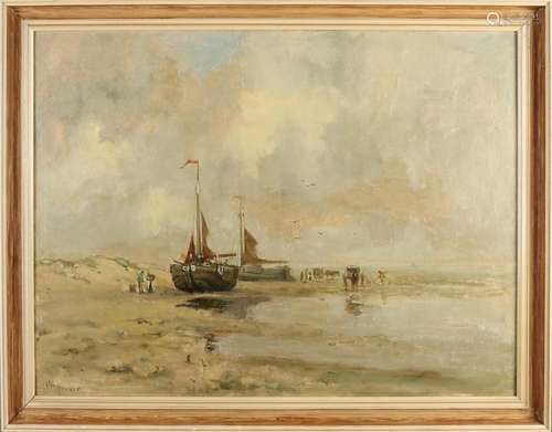 unclear. gesig., Beach view with barges and fishermen