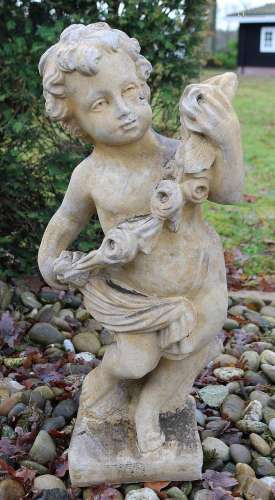 Large garden statue of putti with roses, H 67 cm.
