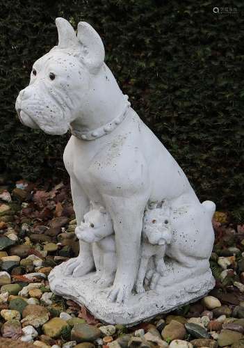 Large garden statue of boxer with puppies, H 63 cm.