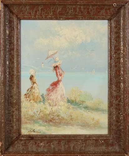 unclear. gesig., Ladies with umbrella by the sea