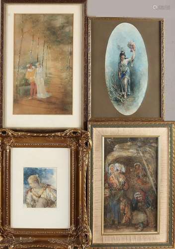 Four antique watercolors, Various