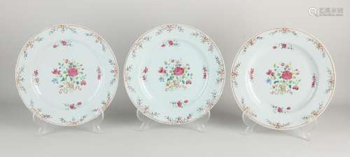 Three Chinese Family Rose plates Ø 23 cm.