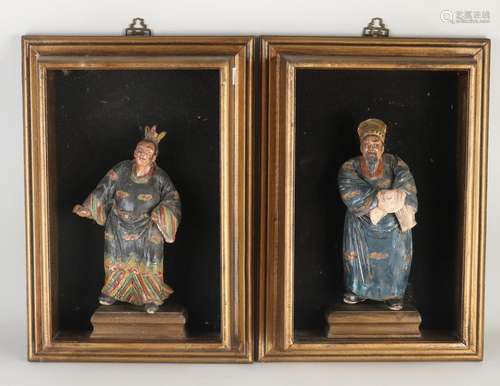 2x Antique temple figures in shadow box