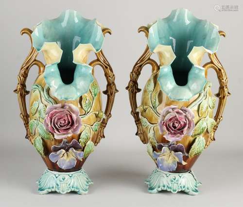 Two Majolica vases, H 38 cm.