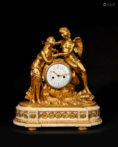 Grande pendule en bronze doré et marbre blanc à décor de Vén...