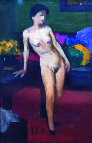 费正（b.1938） 靠着桌子的人体 镜心（片） 布面油画