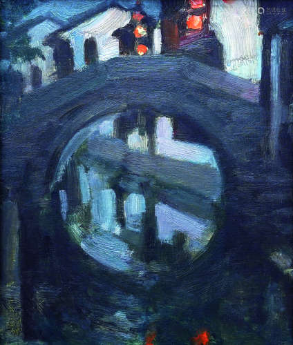 费正（b.1938） 周庄之夜写生 镜心（片） 木板油画