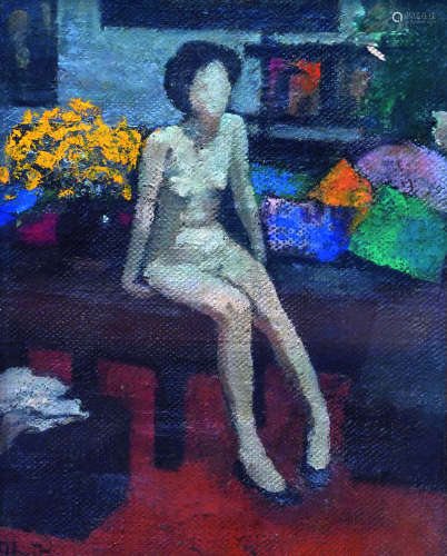 费正（b.1938） 坐在小桌上的人体 镜心（片） 布面油画