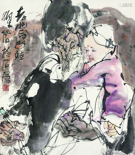 梁岩（b.1943） 老农山娃 镜心（片） 设色纸本