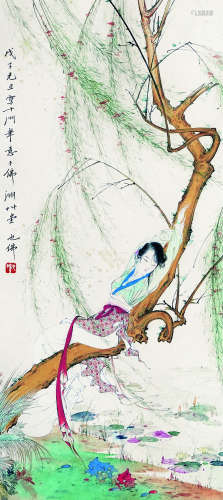 胡也佛（1908～1980） 柳荫仕女 立轴 设色纸本