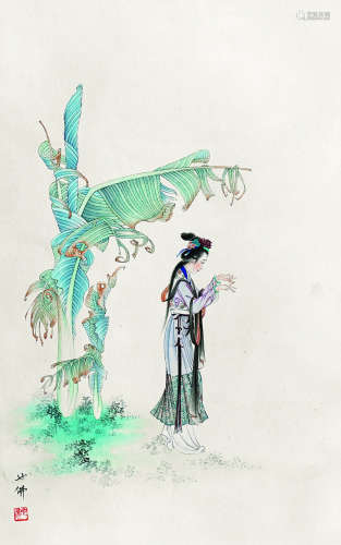 胡也佛（1908～1980） 蕉荫仕女 立轴 设色纸本