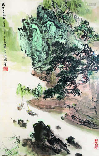 王仙圃（1914～1982） 泛舟图 镜心（片） 设色纸本