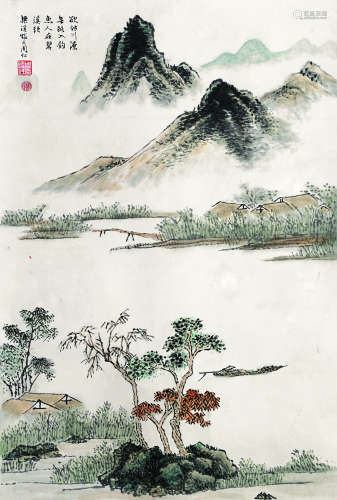 周怀民（1906～1996） 秋江钓艇 立轴 设色纸本