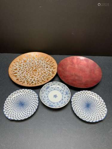 Lot of five plates- Three porcelain, two metal - AS IS