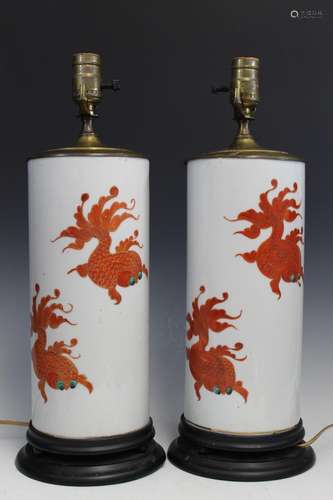 Pair of Chinese Porcelain Hat Vase Lamps with Fish Decoratio...