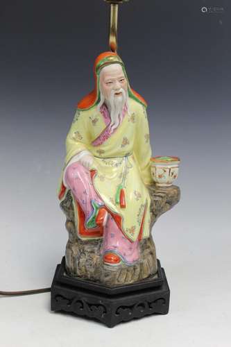 Chinese Famille Rose Porcelain Figure Lamp of an Old Man