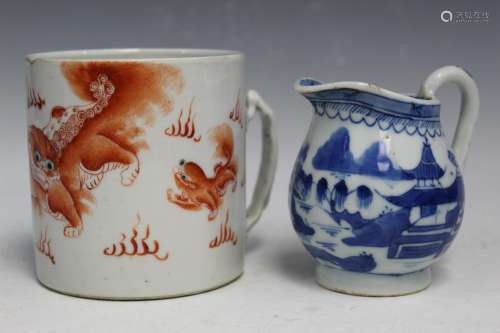 Chinese Iron Red Decorative Foo Dog Porcelain Mug and Blue a...