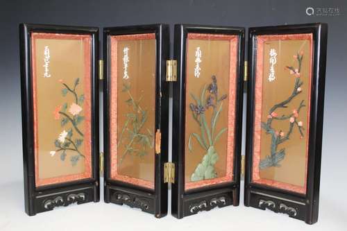 Chinese Wood Table Screen with Carved Stone Decorations