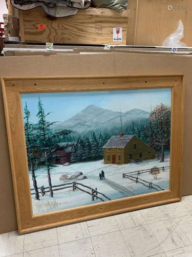 Framed snow scene painting on wood - AS IS