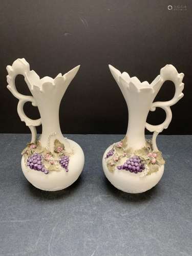 Pair of Japanese Bisque Porcelain Ewers with ornate handle -...