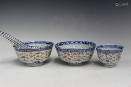 Chinese Porcelain Bowls, Cup and Spoons