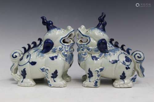 Pair of Chinese Blue and White Porcelain Foo Dog Figurines
