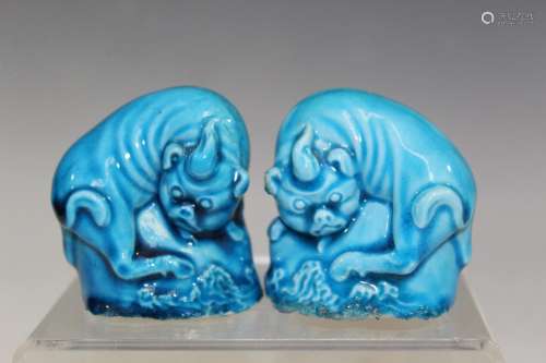 Pair of Chinese Turquoise Glaze Porcelain Mythical Beast Fig...