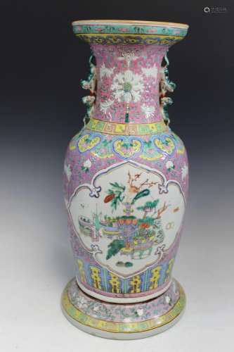 Chinese Famille Rose Porcelain Vase on a Painted Wood Stand.