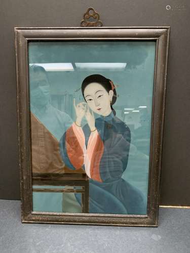 Framed hand painted gouache of a lady - AS IS