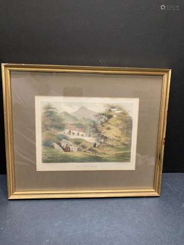 Framed hand colored engraving of Chinese Temple Hong Kong - ...