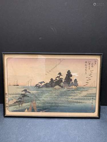 Framed Utagawa Hiroshige woodblock print "Geese Flying ...