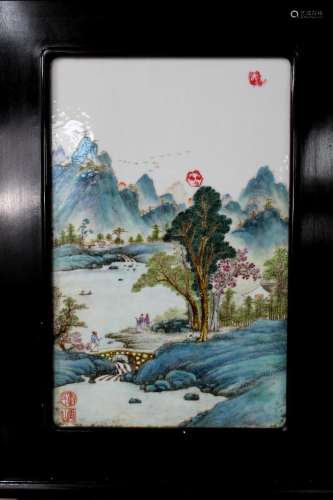 Chinese Painted Porcelain Plaque of River and Mountain Scene