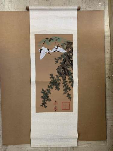 Chinese watercolor cranes - scroll - AS IS