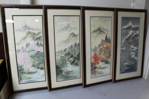 Set of Four Japanese Watercolor Painting on Cloth Panels