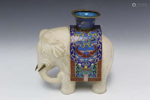 Chinese carved marble elephant with cloisonne saddle.