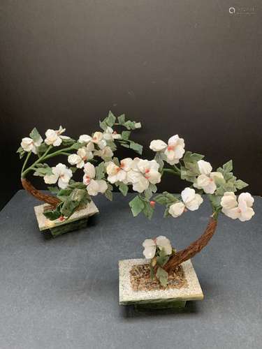 Pair of vintage Chinese spinach jade trees - AS IS