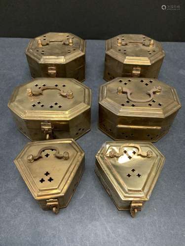 Lot of six vintage brass cricket/potpourri boxes - AS IS