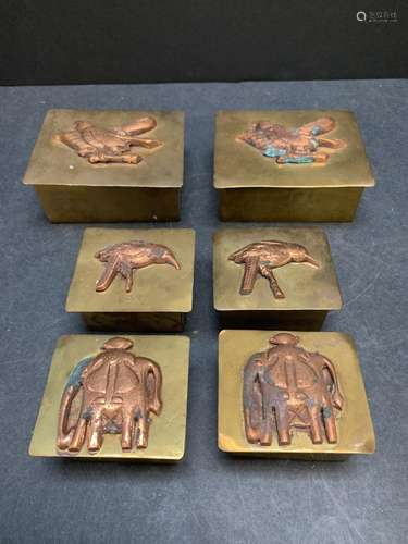 Lot of six vintage brass boxes with copper decorative figure...