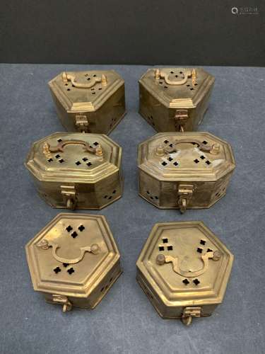 Lot of six vintage brass cricket/potpourri boxes - AS IS