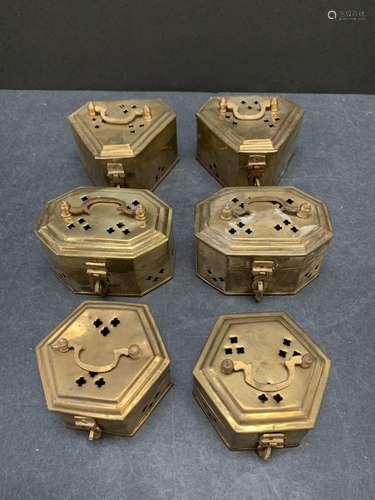 Lot of six vintage brass cricket/potpourri boxes - AS IS