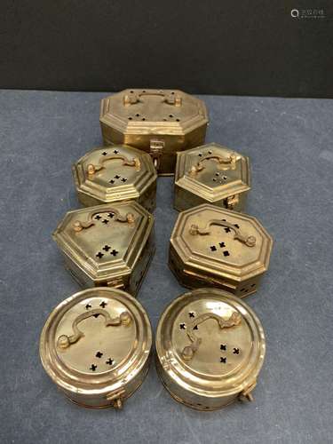 Lot of seven vintage brass cricket/potpourri boxes - AS IS