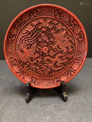 Chinese red plate with dragon and a phoenix with stand - AS ...