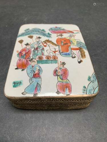 Asian metal storage box with porcelain top - AS IS