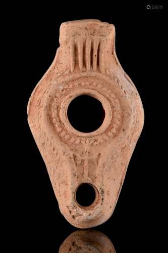 ROMAN POTTERY OIL LAMP WITH LARGE CROSS