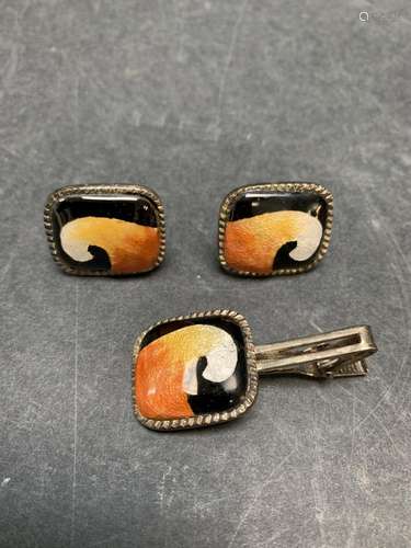 Set of enamel cuff links and tie clip - AS IS