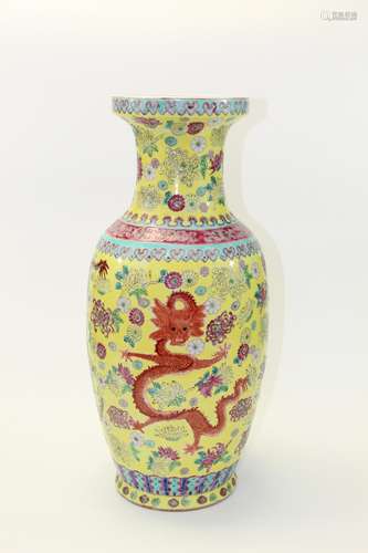 Large Chinese Yellow Glaze Famille Rose Dragon Vase.