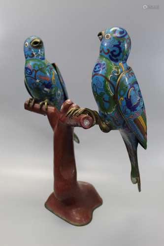 Large pair of cloisonne loves birds on branch. Birds with re...